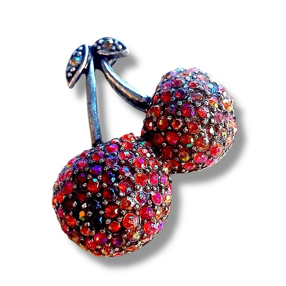 LOT of 3 VINTAGE Brooches in Pink & Blue Cherries/Handbag/and Heels/Rhinestones - Picture 2 of 12